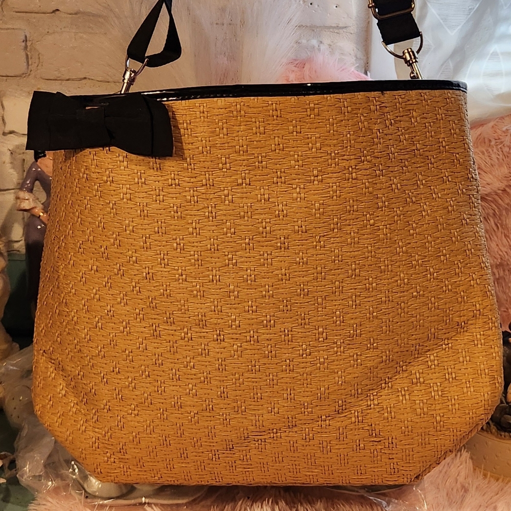 Elegant Tan Woven Tote Bag with Black Accents NWOT Bath&Body